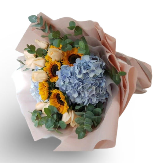 Blue Hydrangeas & Sunflowers - Flowerplus.Co