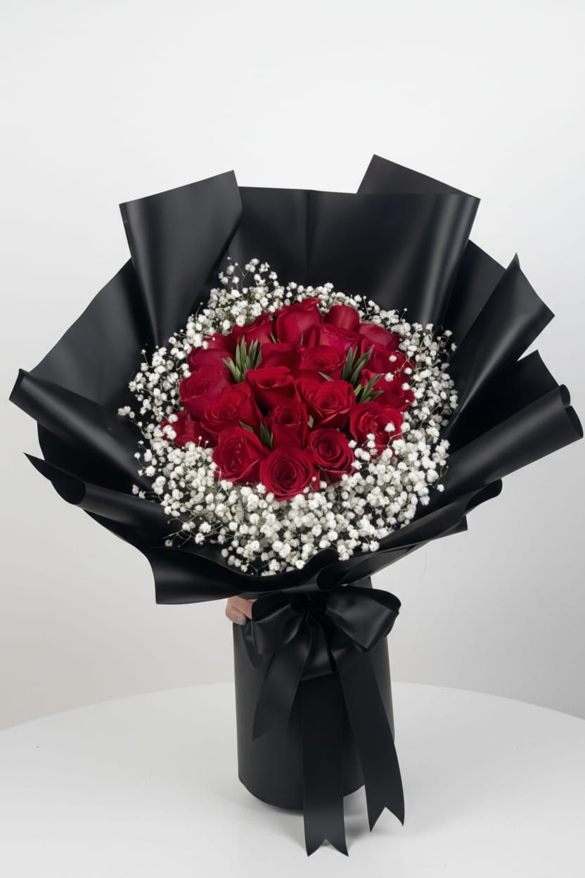 Promo The Romance | Red Rose & Baby's Breath Bouquet - Be My Valentine's